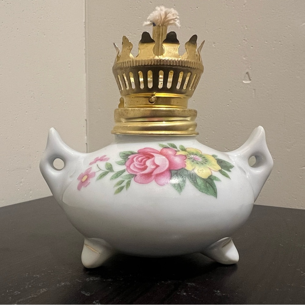 Porcelain Miniature Porcelain Oil Lamp Japan Moss Rose Floral gold Trim 7" Vtg